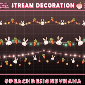 Peut inclure: Trois guirlandes lumineuses différentes avec des décorations de lapins blancs et de carottes. Les lumières sont sur un fond brun foncé avec un motif de grille. Le texte "STREAM DECORATION" est en haut de l'image. Le texte "@PEACHDESIGNBYHANA" est en bas de l'image.