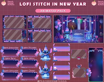 大晦日のアニメーション Twitch オーバーレイ Lofi Stitch - かわいいスティッチの新年ストリーム画面 - 花火、風船、シャンパン、新年
