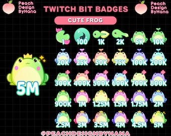 May include: A set of 18 Twitch bit badges featuring a cute frog in various colors and poses. The badges show the number of bits required to earn each badge, starting from 1 bit and going up to 5 million bits. The text "TWITCH BIT BADGES" and "CUTE FROG" is displayed at the top of the image.