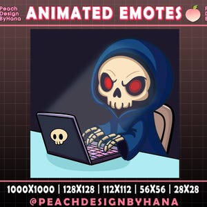 May include: Animated emote of a Grim Reaper cartoon character with a skull face and red eyes, wearing a blue hooded robe, using a laptop. The laptop has a skull logo. The text at the top says "ANIMATED EMOTES".