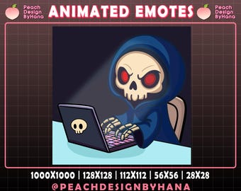 Puede incluir: Emoticón animado que presenta una caricatura de la Parca con una cara de calavera y ojos rojos, vistiendo una túnica con capucha azul, escribiendo en una computadora portátil. La computadora portátil tiene un logotipo de calavera. El texto dice "EMOTES ANIMADOS".