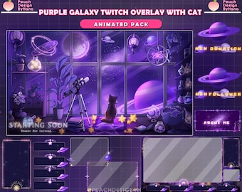 夜のTwitchオーバーレイ - アニメーションオーバーレイストリームパッケージ、猫のTwitch | かわいいTwitchオーバーレイ | 美しい星のオーバーレイ | ギャラクシーストリームオーバーレイ