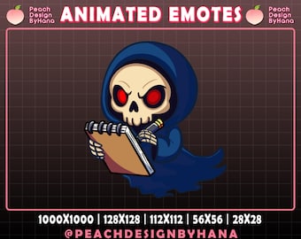 Emote de nota animado de la Parca para Twitch, YouTube y Discord. Emote divertido. Emote de escritura de la Parca: Kawaii Emote Twitch. Emote espeluznante.