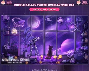 5xPurple Starnight Black Cat Gaming Room Animated Stream Screen | Starting Soon Screen | Black Cat Stream Scenes | Lo-fi Twitch Overlay