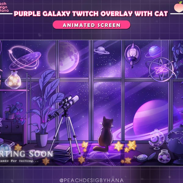 5xPurple Starnight Black Cat Gaming Room Animierter Strom-Schirm | Ab Bald Schirm | Black Cat Stream Szenen | Lo-fi Twitch Overlay