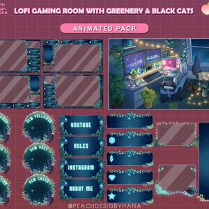 ANIMATED Twitch Stream Package / Twitch Cute Dark Dreamy Kitty Warm Game Room / Animated Overlay Mint Green / Black Cats