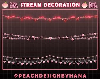 May include: Three sets of pink heart-shaped lights with white bulbs. The top set has the word "LOVE" in neon pink letters. The bottom set has a more subtle glow. The text "STREAM DECORATION" is at the top of the image. The text "@PEACHDESIGNBYHANA" is at the bottom of the image.