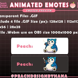 Puede incluir: Vista previa de emotes animados con un personaje de dibujos animados azul y blanco fumando un cigarrillo. El texto incluye "Transparent Files .GIF" y "Peach Design ByHana". La imagen muestra el emote en diferentes tama&ntilde;os.