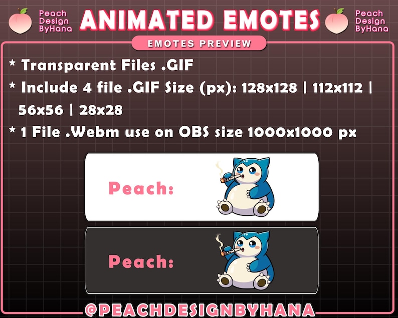 Puede incluir: Vista previa de emotes animados con un personaje de dibujos animados azul y blanco fumando un cigarrillo. El texto incluye "Transparent Files .GIF" y "Peach Design ByHana". La imagen muestra el emote en diferentes tama&ntilde;os.