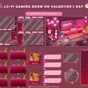 May include: Animated Twitch stream overlays with a Valentine's Day theme. The overlays feature a pink and red color scheme with hearts and a cartoon Eevee. The overlays include a starting soon screen, a new subscriber alert, a new follower alert, a new raid alert, a new host alert, a new donation alert, a new cheer alert, a YouTube alert, a Discord alert, and a chat box.