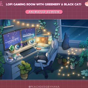 Animated Twitch Stream Screen / Twitch Cute Dark Dreamy Kitty Warm Game Room / Animated Overlay Mint Green / Black Cats