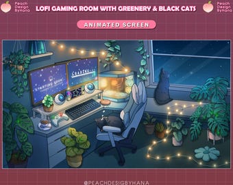 Animated Twitch Stream Screen / Twitch Cute Dark Dreamy Kitty Warm Game Room / Animated Overlay Mint Green / Black Cats