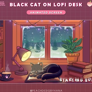Animated Twitch Overlay Black Cat On Lofi Desk - Winter Stream Screen with Cat, Christmas Lights, Snow, Sleepy Cat...