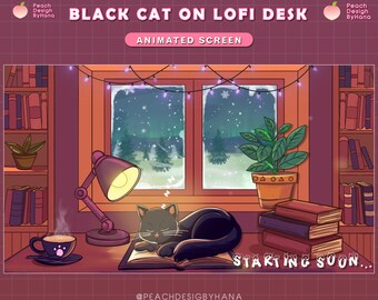 Animated Twitch Overlay Black Cat On Lofi Desk - Winter Stream Screen with Cat, Christmas Lights, Snow, Sleepy Cat...