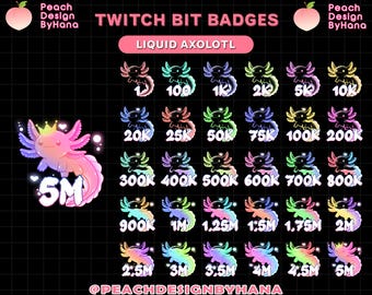 May include: A set of 20 Twitch bit badges featuring a cartoon axolotl with a crown. The badges are in various colors and show the number of bits required to earn each badge, from 1 to 5 million.