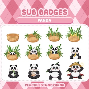 Puede incluir: Un conjunto de insignias secundarias con temática de panda. Las insignias muestran pandas en varias poses, algunos comiendo bambú, otros en cestas con brotes de bambú. El texto "SUB BADGES" y "PANDA" se muestra en la parte superior. El nombre del artista, "PEACHDESIGNBYHANA", está en la parte inferior.