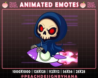 Puede incluir: Emoticón animado con una caricatura de la muerte con cara de calavera y ojos rojos, vistiendo una capa con capucha azul. La muerte monta un cohete morado y blanco con llamas rosas. El texto "ANIMATED EMOTES" está en la parte superior.