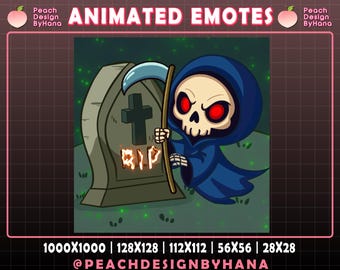 Puede incluir: Emoticono animado con una caricatura de la Muerte con una guadaña, de pie junto a una lápida con "RIP". La Muerte lleva una capa con capucha azul y tiene una cara de calavera con ojos rojos. El fondo es verde oscuro con puntos brillantes.
