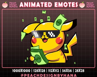 Emoticono animado de Pikachu con dinero para Twitch, YouTube y Discord. Emoticono de Pikachu rico. Recursos para streaming de Pikachu. Emoticono de lluvia de dinero para Twitch.