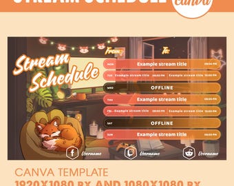 Stream Schedule - Cozy Sleeping Fox in Gaming Room | Twitch Streaming Schedule | Fire Fox Stream Overlays | Canva Template