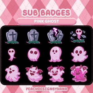 Può includere: Una collezione di badge secondari a tema fantasma rosa su sfondo nero, su uno sfondo a rombi rosa. I badge includono lapidi e vari disegni di fantasmi, con il testo "SUB BADGES PINK GHOST" in alto.