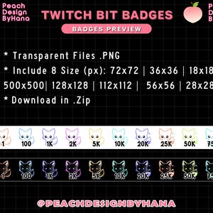 May include: A set of 8 Twitch bit badges featuring a cartoon fox with different colored outlines. The badges are labeled with numbers from 1 to 75,000. The text "Twitch Bit Badges" is at the top of the image. The text "Peach Design ByHana" is at the top left and top right of the image. The text "@PEACHDESIGNBYHANA" is at the bottom of the image.