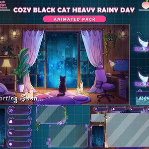 Sobreposição de animação de transmissão de gato - Pacote Kitty Twitch, Sala de jogos com chuva pesada - Pacote de transmissão animada | Sobreposição de Twitch do pacote roxo aconchegante