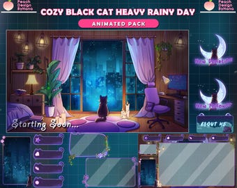 Cat Stream-animatie-overlay - Kitty Twitch Pack Heavy Rainy Game Room - geanimeerd streamingpakket | Gezellig paars pakket Twitch-overlay
