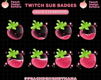 8 subbadges vloeibare aardbei voor Twitch, YouTube en Discord - gedoneerde badges voor Stream - schattige subbadges - fruitsubbadges