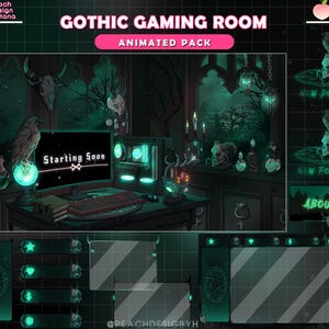 May include: An animated Gothic Gaming Room pack with a dark teal color scheme. The scene includes a computer setup, decorative skulls, and the text "Starting Soon." Additional elements include animated overlays and panels.