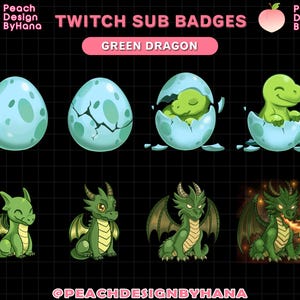 Puede incluir: Un conjunto de insignias de suscripción de Twitch que muestran un dragón verde en varias etapas de desarrollo. Las insignias muestran al dragón naciendo de un huevo, creciendo hasta convertirse en un dragón pequeño y finalmente convirtiéndose en un dragón grande que escupe fuego. El texto "TWITCH SUB BADGES" y "GREEN DRAGON" se muestra en la parte superior de la imagen.
