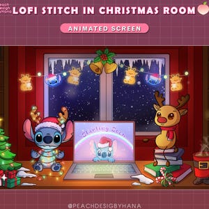 May include: A digital illustration of a Christmas scene with two blue Stitch characters, one on a laptop and one holding Christmas lights. The scene includes a Christmas tree, a reindeer, and a mug of hot cocoa. The text "LOFI STITCH IN CHRISTMAS ROOM" and "ANIMATED SCREEN" are at the top of the image. The text "Starting Soon" is on the laptop screen. The text "@PEACHDESIGBYHANA" is at the bottom of the image.