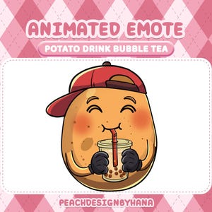May include: Animated emote featuring a smiling potato character wearing a red cap and black gloves, drinking bubble tea. The text "POTATO DRINK BUBBLE TEA" is displayed above the character. The background is pink with a diamond pattern.