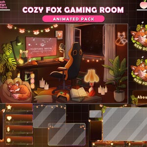 Pacote de Transmissão Animada Cozy Fox Gaming Room, Pacote de Transmissão Cute Fox para Twitch | Pacote de Transmissão com Sobreposição Animada, FoxTwitch