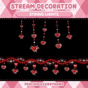 Puede incluir: Luces de cadena de decoración de transmisión con adornos rojos en forma de corazón y cuernos de diablo. El diseño presenta un fondo negro con luces de cadena colgantes y horizontales, y el texto "STREAM DECORATION" y "STRING LIGHTS".