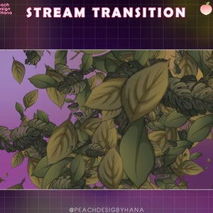 May include: A digital graphic with the text "STREAM TRANSITION" in a pink font. The background features a purple gradient and a grid pattern. Overlaid are illustrations of green leaves, creating a nature-themed design.