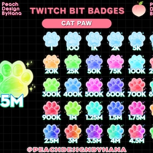 30x Emblemas de pata de gato brilhantes para Twitch, YouTube, Discord - Emblemas de bits fofos - Emblemas de bits de animais - Emblemas de bits de jogos