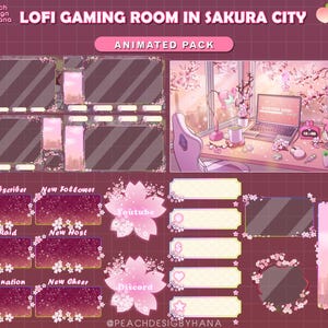 Könnte beinhalten: Ein Satz animierter Twitch-Overlays mit einem rosa-weißen Farbschema mit Kirschblüten und einer Stadtlandschaft. Die Overlays beinhalten ein 'Neuer Abonnent', 'Neuer Follower', 'Neuer Raid', 'Neuer Host', 'Neue Spende', 'Neuer Cheer', 'Youtube' und 'Discord' Overlay.
