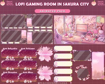 アニメーション Twitch オーバーレイ 桜市の Lofi ゲームルーム - 桜のストリーム画面 - ラップトップ、ヘッドフォン - ピンク パッケージ Twitch オーバーレイ