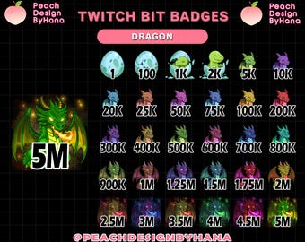 30 insignias de dragón mágico para Twitch, YouTube y Discord: insignias de Twitch para streamers, insignias de fidelidad con temática de dragón y insignias de suscripción.