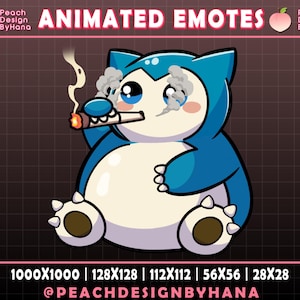 Puede incluir: Emoticono animado de un personaje de dibujos animados azul y blanco fumando un cigarro, con humo alrededor de los ojos. El texto "ANIMATED EMOTES" y el nombre del creador est&aacute;n incluidos. Varios tama&ntilde;os se enumeran en la parte inferior de la imagen.