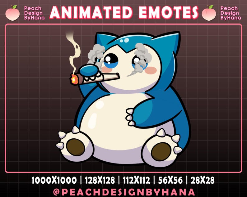 Puede incluir: Emoticono animado de un personaje de dibujos animados azul y blanco fumando un cigarro, con humo alrededor de los ojos. El texto "ANIMATED EMOTES" y el nombre del creador est&aacute;n incluidos. Varios tama&ntilde;os se enumeran en la parte inferior de la imagen.
