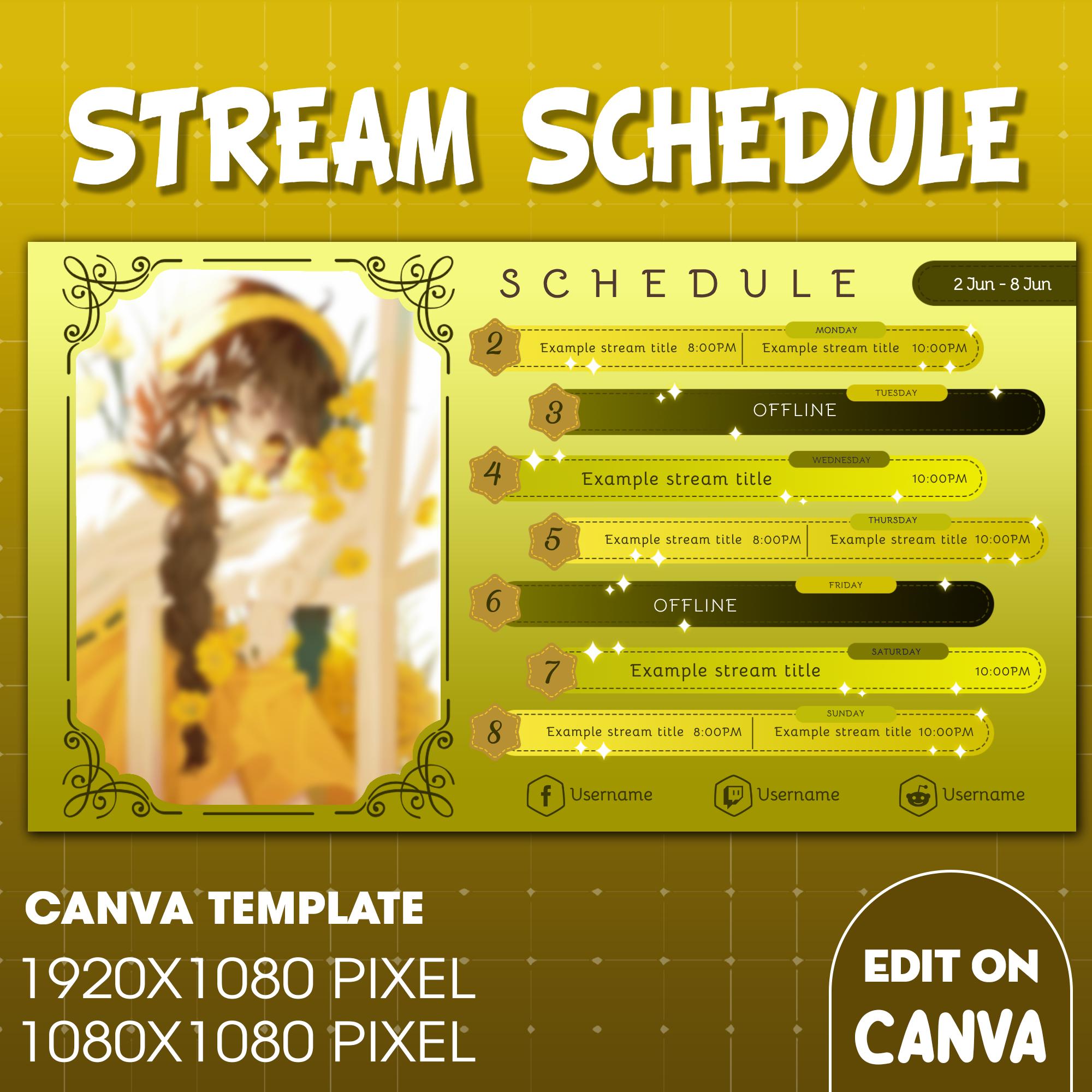 Yellow Theme Stream Schedule | Vtuber Schedule | Weekly Schedule For Streamers | Summer Vibe Stream Schedule| Canva Template