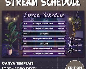 Stream Schedule - Purple Cozy Room | Twitch Streaming Schedule | Cute Cat Stream Overlays | Canva Template