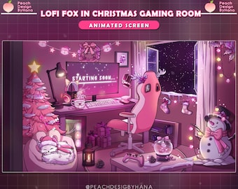 Animated Cozy Christmas Gaming Room Stream Screens | Fox Twitch Overlay | Pink Theme Twitch