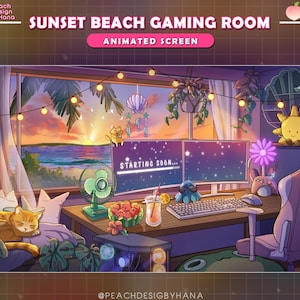 Op de afbeelding: Geanimeerde gamingkamer met uitzicht op een zonsondergang op het strand. De kamer heeft een bureau met dubbele monitoren, een toetsenbord en een gamestoel. Een kat rust op een bed en de tekst "STARTING SOON..." is zichtbaar.
