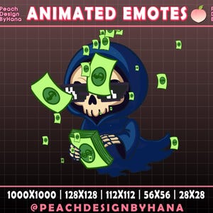 May include: Animated emote featuring a cartoon grim reaper wearing sunglasses and a blue hooded robe, holding and surrounded by green dollar bills. The image includes the text "ANIMATED EMOTES" and various size options.