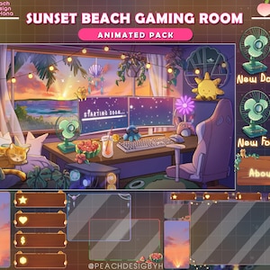 Puede incluir: Paquete de superposición de sala de juegos animada con un tema de playa al atardecer. La escena incluye una configuración de computadora, una ventana con vista a la playa y elementos decorativos como gatos, ventiladores y texto que dice "Starting Soon...".