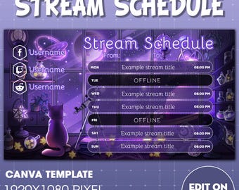 Stream Schedule - Purple Cozy Room | Twitch Streaming Schedule | Celestial Cat Stream Overlays | Canva Template