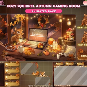 May include: An animated pack for a cozy autumn gaming room, featuring a cartoon squirrel, fall leaves, and a laptop with the text "Starting Soon...". The design includes a warm color palette, fairy lights, and decorative elements.